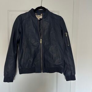Michael Kors Navy Blue Leather Bomber Jacket